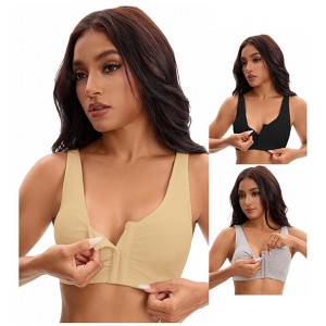 INSPIRE CHIC Women's Front Closure Adjustable Strap Wirefree Full Coverage Soft Workout Bras 3 Packs - 1 of 4