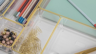 Martha Stewart Clear Plastic Stackable Desk Drawer Organizers with Gold Trim, Set of 8