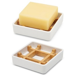 Aoibox Bamboo Soap Dish with Detachable Holder for Bathroom Sink, Shower, Kitchen - Ventilated Wooden Soap Tray, Right Angle White Design - 1 of 4