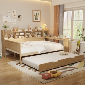 KIGFTSOD Wooden Full Size Daybed with Storage Shelves, Multi-functional Bed with Twin Size Trundle Bed and Study Desk - 1 of 4