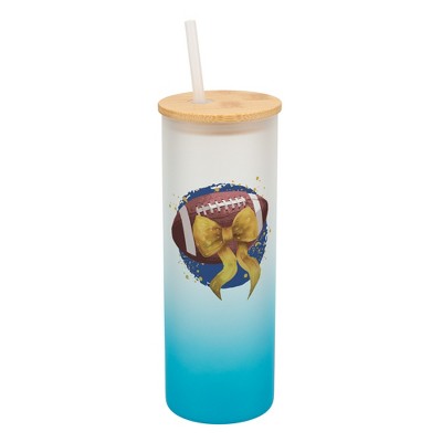 Elanze Designs 25 Ounce Frosted Glass Gradient Travel Tumbler With Straw and Wooden Lid, Football With Gold Bow Sky Blue