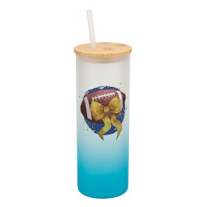 Elanze Designs 25 Ounce Frosted Glass Gradient Travel Tumbler With Straw and Wooden Lid, Football With Gold Bow Sky Blue - 1 of 1