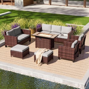 Sonkuki 7 Pieces Patio Sofa with Rectangle Fire Pit Table and Ottomans, Wicker Conversation Couch, Navy Blue Cushion - 1 of 4