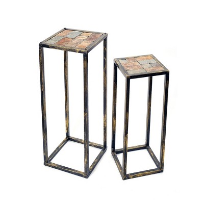 Set of 2 Metal Rectangular Plant Stands with Gray Stone Slab - Black/Gold - Ore International