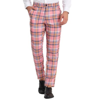 Lars Amadeus Men's Plaid Regular Fit Flat Front Classic Elastic Waist Suit  Pants Red 30