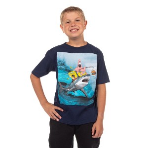 Seven Times Six SpongeBob Shirt Boys Patrick Fishing On Shark Short Sleeve Graphic Tee Blue - 1 of 4