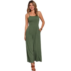 Allegra K Women's Spaghetti Strap Backless Wide Legs Linen Sleeveless Jumpsuit Romper - 1 of 4