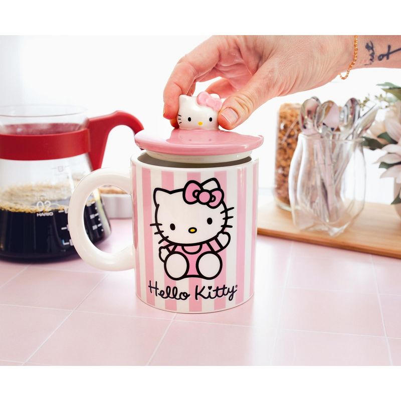 Silver Buffalo Sanrio Hello Kitty Pink Stripes Ceramic Mug With Lid | Holds 18 Ounces, 5 of 7