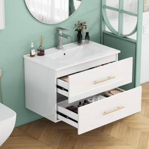 KWPZQEB Wall-Mounted Bathroom Vanity with Sink, Modern Floating Vanity with 2 Drawers & Long Handle, Wall Mount Storage Cabinet for Small Space - 1 of 4