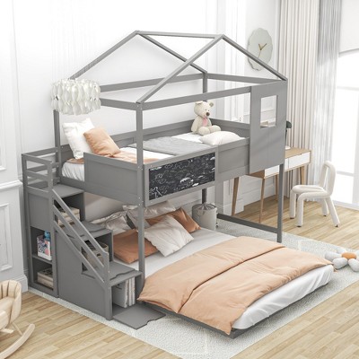 Twin Over Full House Bunk Bed With Storage Staircase And Blackboard ...