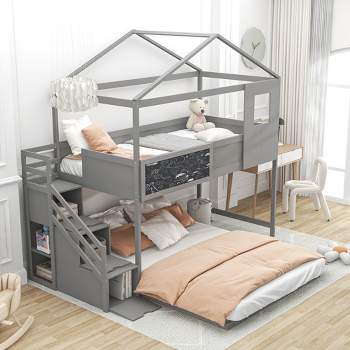 Twin over Full House Bunk Bed with Storage Staircase and Blackboard-ModernLuxe