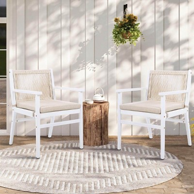 Set of 2 Modern Outdoor Patio Wood Dining Arm Chairs,Rope Back Garden Armrest Kitchen Dining Chair,Beige Cushioned Dining Armchair-Coolbibila