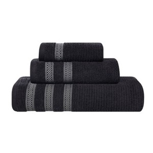 Zero Twist Cotton Ribbed Modern Geometric Border Assorted 3 Piece Bathroom Towel Set by Blue Nile Mills - 1 of 4