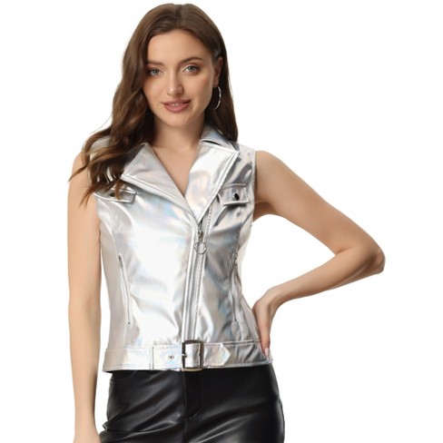 Women's Metallic Silver Leather Jacket, Silver Faux Leather Jacket
