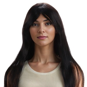 Unique Bargains Women's Long Hair Straight Bangs Hair Wig Real Human Hair Black 1 Pc - 1 of 4