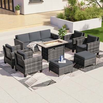 Sonkuki 8 Pieces Patio Sofa with Rectangle Fire Pit Table and Ottomans, Wicker Conversation Couch, Light Gray Cushion