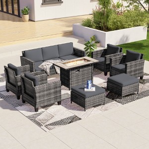 Sonkuki 8 Pieces Patio Sofa with Rectangle Fire Pit Table and Ottomans, Wicker Conversation Couch, Light Gray Cushion - 1 of 4