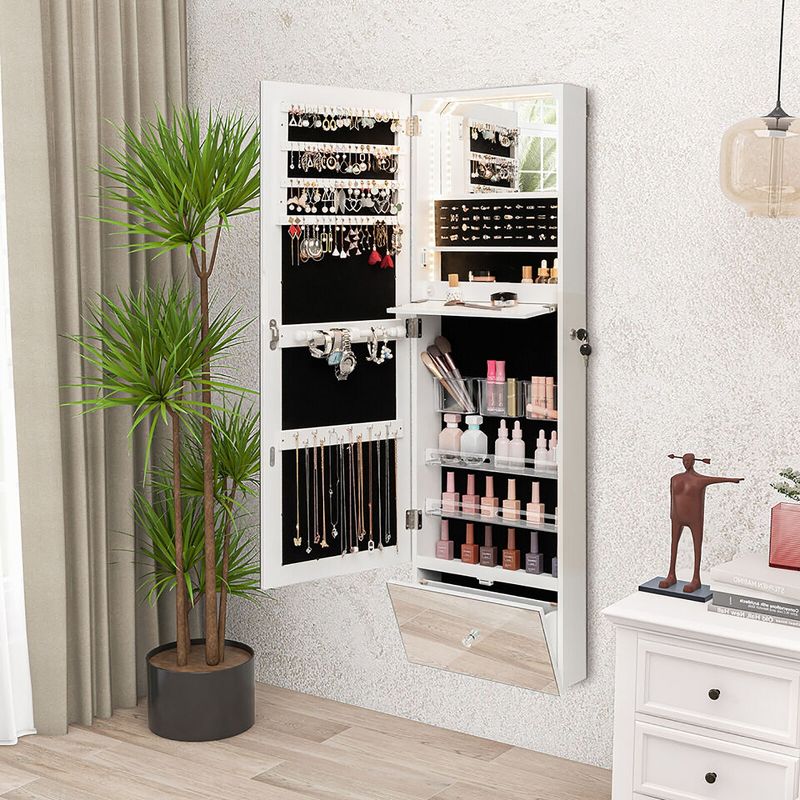Tangkula Wall Mounted Jewelry Cabinet Armoire Full-Length Mirror w/ LED Lights & Drawer, 3 of 11