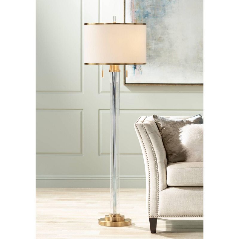 Possini Euro Design Cadence Modern Floor Lamp Standing 62" Tall Crystal Glass Column Satin Brass Linen Drum Shade for Living Room Bedroom Office House, 2 of 10