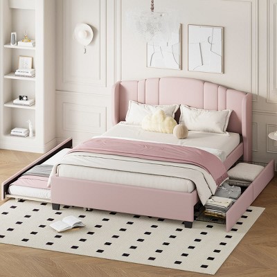 Queen Size Upholstered Platform Bed with Wingback Headboard, Linen Upholstery, Trundle and Drawers, No Box Spring Required-Maison Boucle
