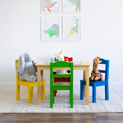 Natural Wood Kids Table with Multicolor Chairs Set