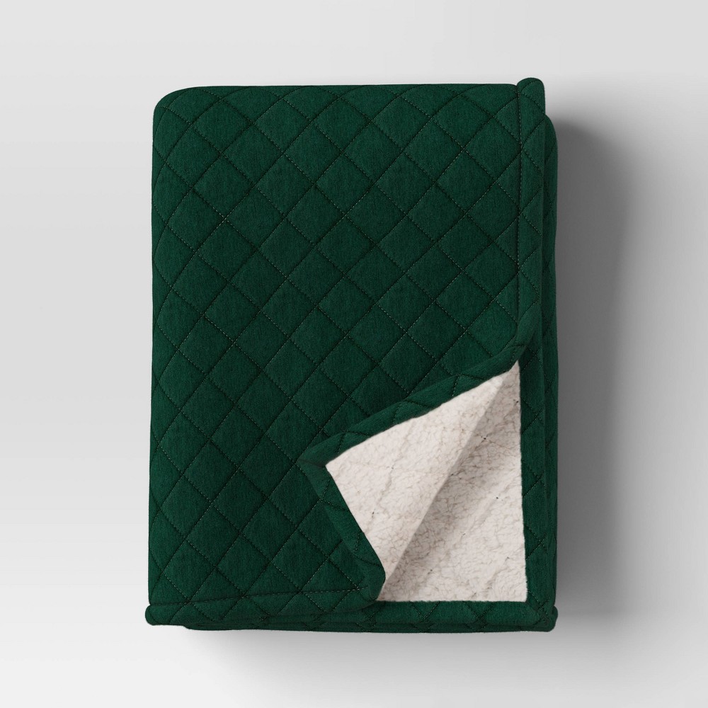 Quilted Jersey Throw Blanket with Faux Shearling Reverse Heathered Green - Room Essentials™