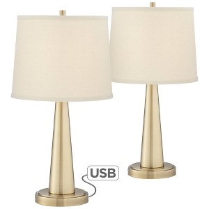 360 Lighting Modern Table Lamps 25" High Set of 2 with USB Charging Port Brass Metal Beige Drum Shade for Bedroom Living Room House Desk Bedside Home - 1 of 4