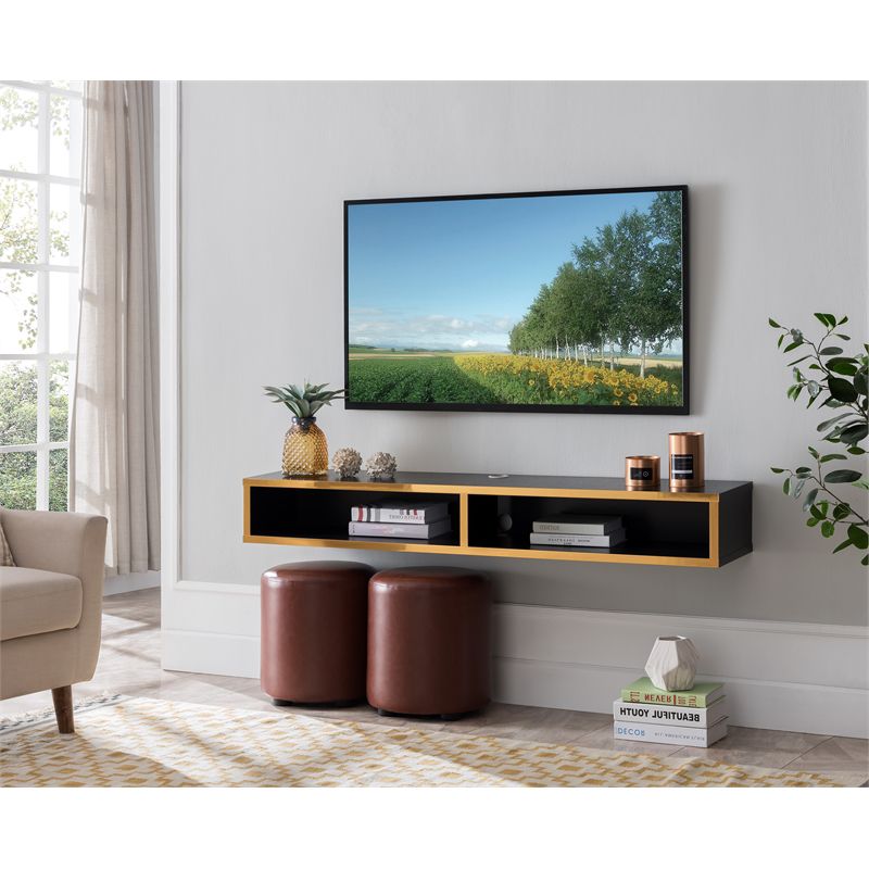 Astro Wood Wall Mounted 60" TV Stand in Black and Gold - Furniture of America, 1 of 7