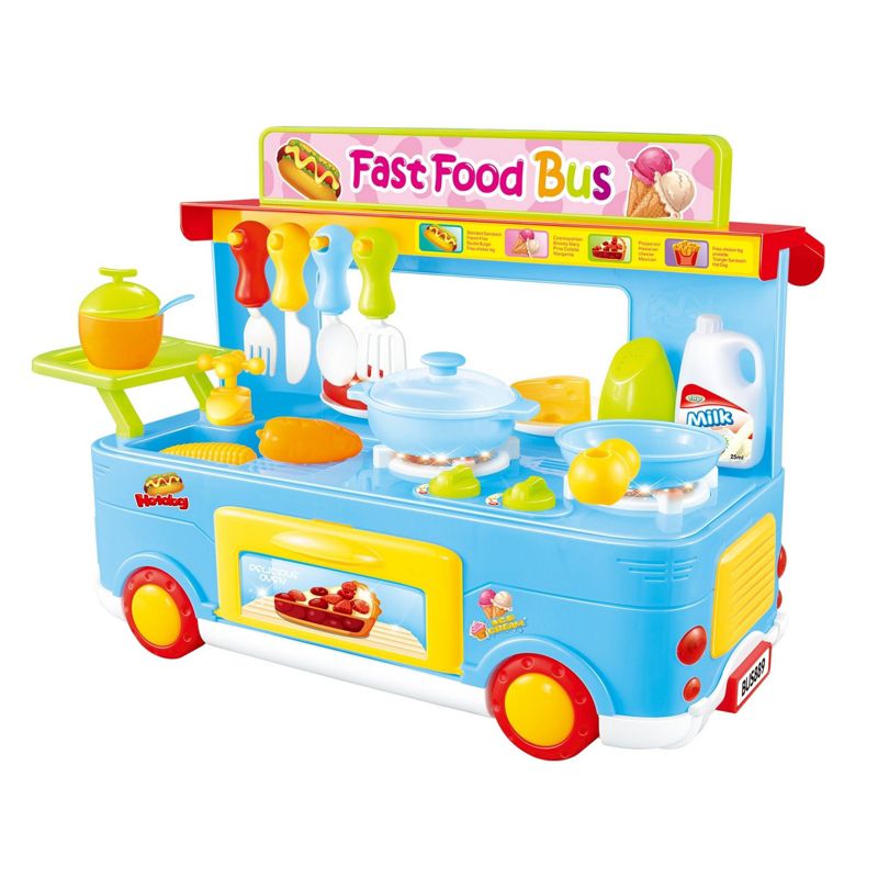 Insten 29 Piece Play Fast Food Truck Bus Kitchen Toy, Pretend Cooking Playset, Blue, 1 of 4