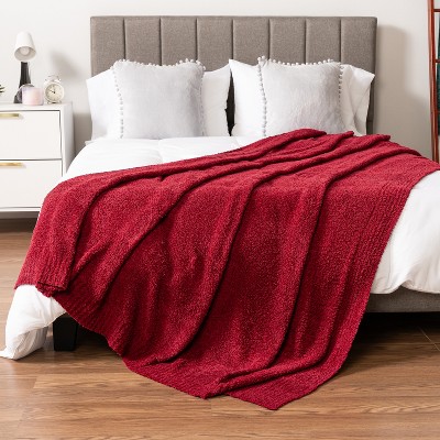 Deep Red Plush Knit Reversible Throw Blanket