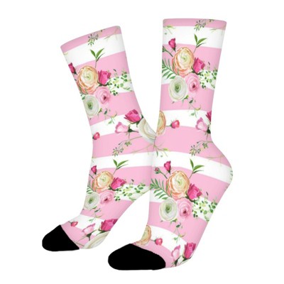 Flowers Pink Stripes Women Printed Crew Socks Funny Funky Socks Soft Polyester Novelty Gifts for Artists Men