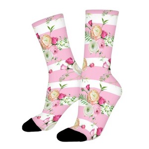 Flowers Pink Stripes Women Printed Crew Socks Funny Funky Socks Soft Polyester Novelty Gifts for Artists Men - 1 of 1