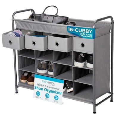 BIRDROCK HOME 16-Cubby Shoe Rack w/ 4 Drawers - Metal Frame Cabinet for Bedroom, Closet & Entryway Organization - Space-Saving Storage - Grey