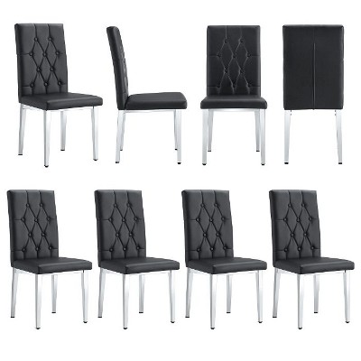 CAVINAS Set of 4 Modern Black PU Dining Chairs with Grid Quilting and Silver Metal Legs, Armless Dining Chairs for Kitchen, Dining Room