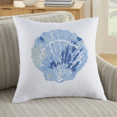 White and Blue Seashell Print 18" Square Throw Pillow