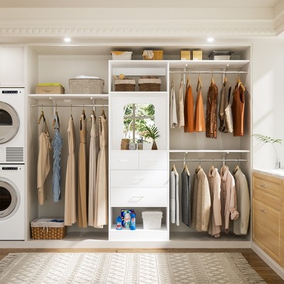 Aheaplus 96" Closet System with Mirror and 4 Drawers, Walk-In Closet Organizer with Hanging Rods