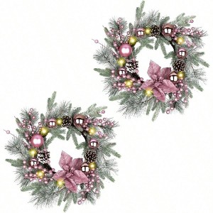 Pink Wreath 20 Inch Door Decorations Set of 2 with Balls Pine Cones Golden Twigs Pine Needles and Silver Berries for Front Door - 1 of 4