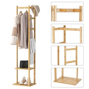 Versatile 4-in-1 Bamboo Clothes Coat Stand Space-saving Hat Shoe Rack Garment Shelf with Hanging Rail Hooks for Hat, Bag, Hoodies, Jacket - 1 of 4