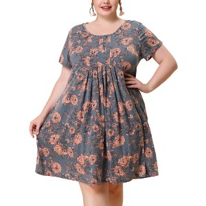 Agnes Orinda Women's Plus Size Floral Inverted Box Pleat Boho T-Shirt Dresses - 1 of 4