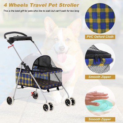 Yellow Plaid 4-Wheel Folding Dog Stroller with Mesh Windows