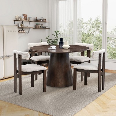 5 PCS Space-Saving Design Dining Set, Round MDF Table and 4 Boucle Chairs, Rubber Wood Frame Chairs with Polyester Cushion-Baofuwish