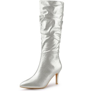 Allegra K Women's Shiny Pointed Toe Stiletto High Heels Knee High Boots - 1 of 4