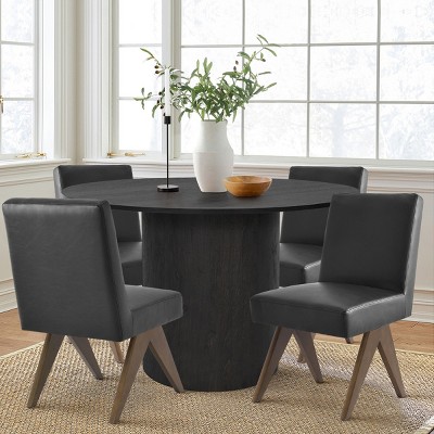 5-Piece Round Dining Table Set, 46'' Black Wood Pedestal Table with 4 Faux Leather Upholstered Chairs, Modern Kitchen & Dining Room Set-Maison Boucle