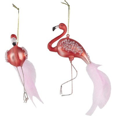 Juvale 2 Pack Pink Glass Flamingo Christmas Tree Ornament, Christmas Decorations Holiday Decor, 5.4 x 3.5 in