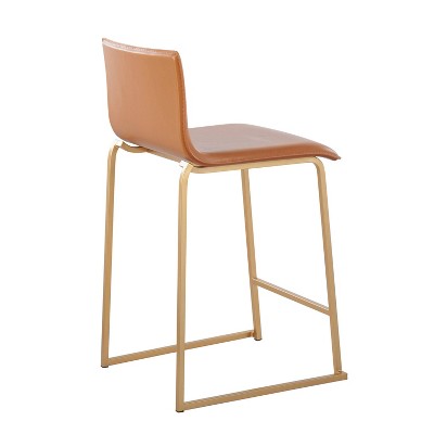 Set of 2 Gold Metal and Camel Faux Leather Counter Stools