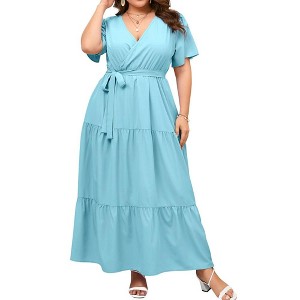 YESFASHION Women Plus Size Wrap Dress High Waist Short Sleeve Ruffle Casual Summer Maxi Dresses with Belt - 1 of 4
