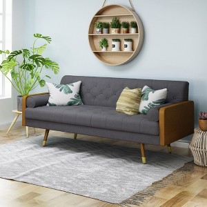 Adelaide Mid-Century Modern Tufted Sofa with Rolled Accent Pillows, Gold-Tipped Rubberwood Legs & Diamond Stitching - 1 of 4