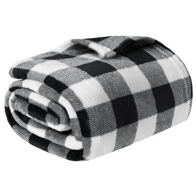 Cozy Buffalo Plaid Fleece Queen Blanket in White/Black