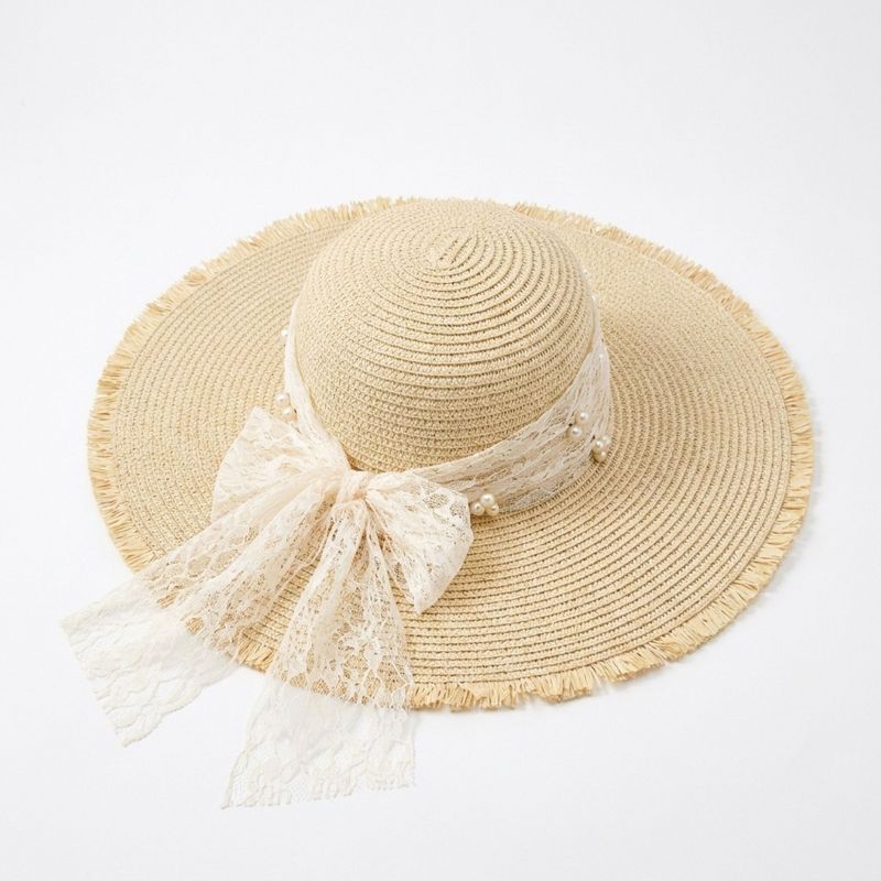 Anna-Kaci Wide Brim Sun Hat with Lace Band and Frayed Edge, Beige