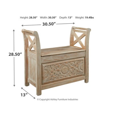 Transitional Beige Whitewashed Storage Accent Bench with Carved Florals